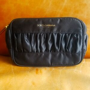 DOLCE & GABBANA black satin  ruffle cosmetic travel clutch bag